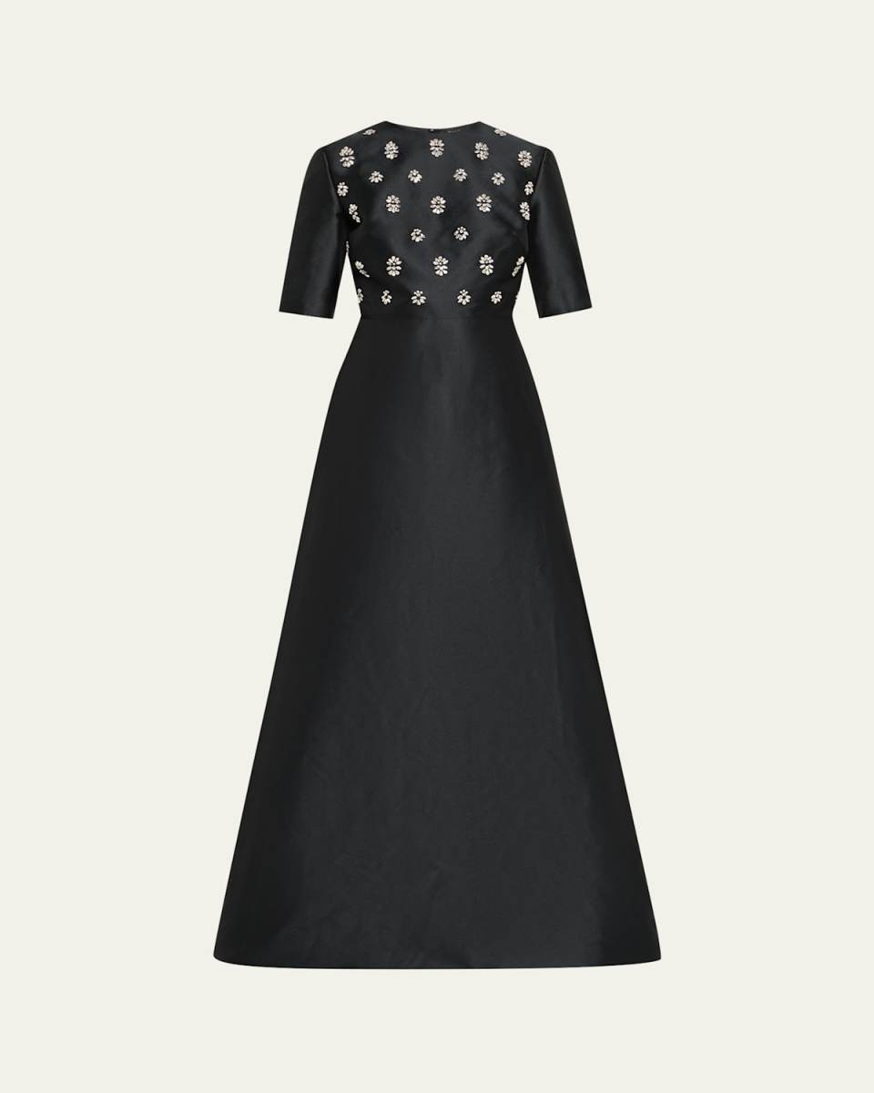 Embellished Mikado Silk Short-Sleeve Gown